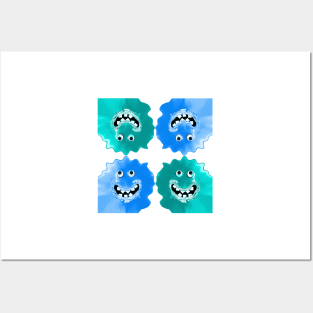 Slime Blue Jelly Monster Emoji Pixel Smiling Face Posters and Art